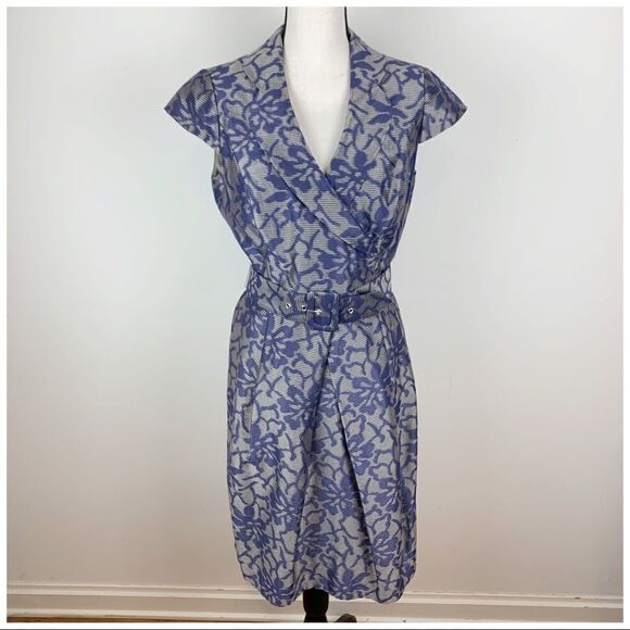 Aiden Mattox Blue and Taupe Floral Jacquard Cocktail Dress Sz 8 - Picture 12 of 12